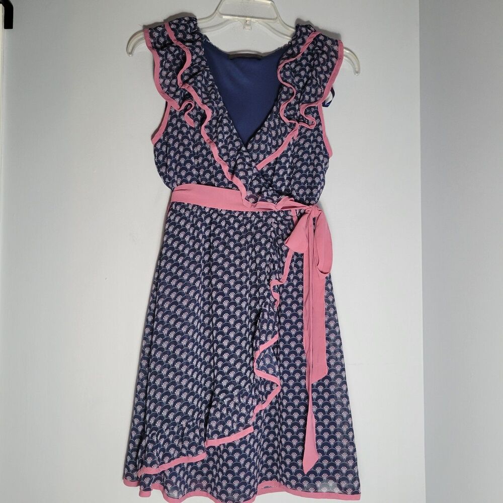 Miguel Reveriero Designer Faux Wrap Dress Blue & Purple Geometric Print Size S